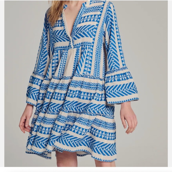 Devotion Twins Blue White Geometric Embroidered Tunic Dress Made in Greece M - Picture 1 of 10